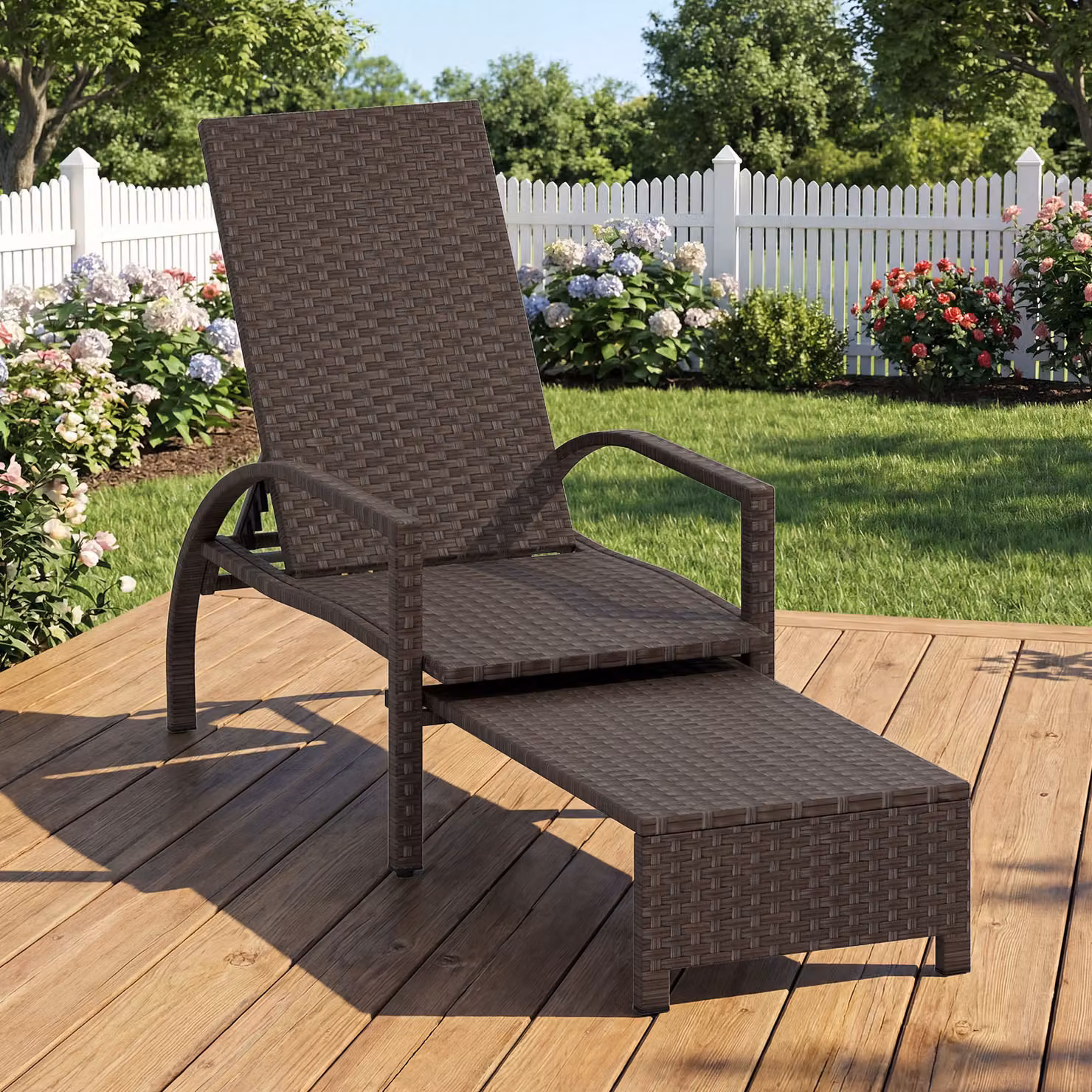 Lettino prendisole pieghevole da giardino Costway in rattan marrone con schienale regolabile e poggiapiedi