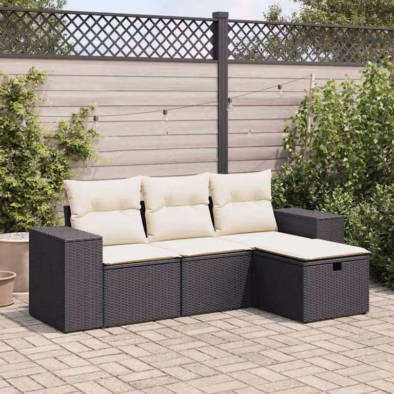 Set di divani da giardino vidaXL in polyrattan nero con cuscini, componibile a L per esterno