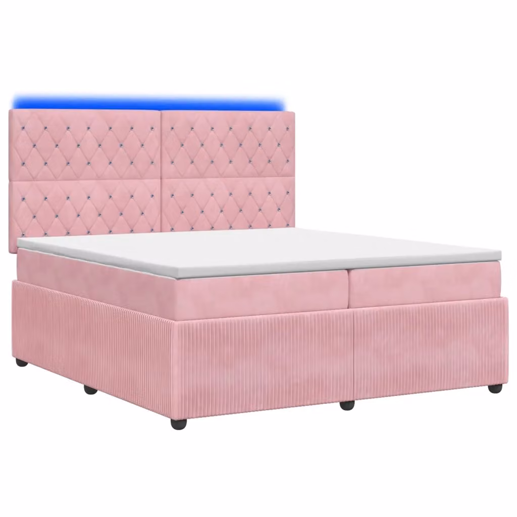 Letto Box Spring vidaXL in Velluto Rosa con Materasso Ibrido e Illuminazione LED sotto il letto, con Porte USB e Base a Sollevamento, L/P: 200 x 200 cm – 2