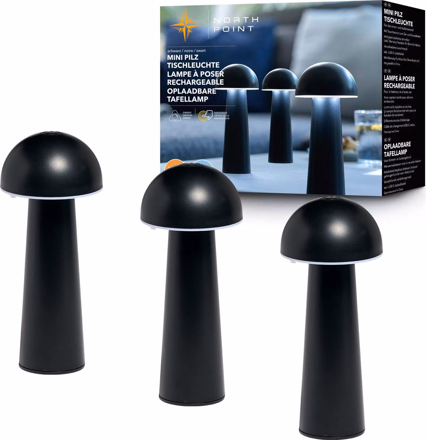 Set da 3 lampade da tavolo moderne a LED Northpoint a forma di fungo, per interni ed esterni, con regolazione continua dell'intensità luminosa, ricarica USB e cambio di colore CCT, fungo nero