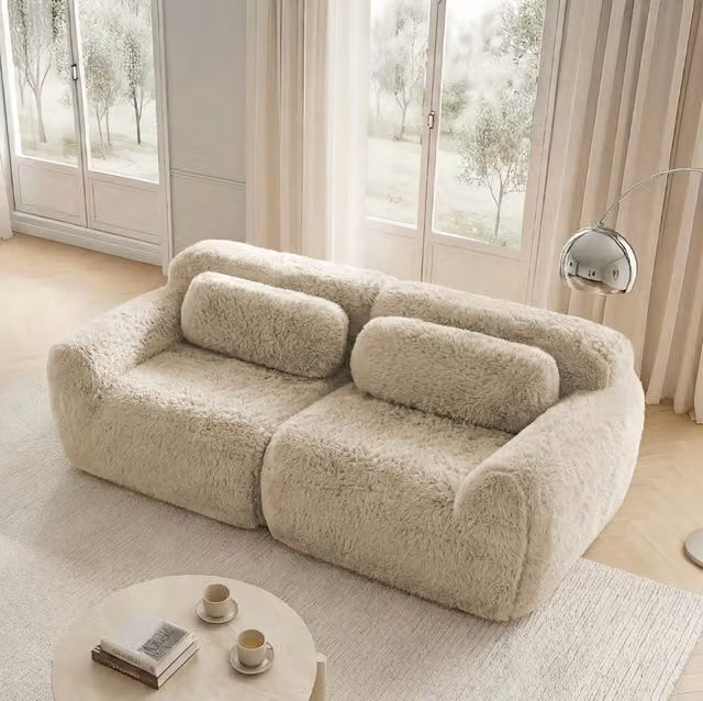 Divano 2 posti modulare senza struttura in tessuto plush kaki chiaro HOMVRA