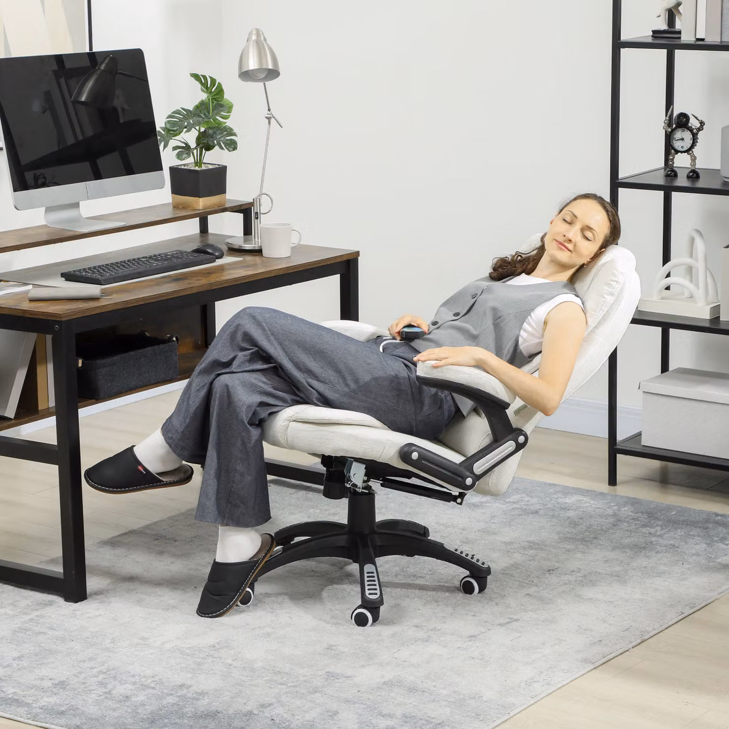 Sedia da ufficio reclinabile con massaggio Aosom, modello Vinsetto in tessuto effetto lino color beige con altezza regolabile e telecomando – 2