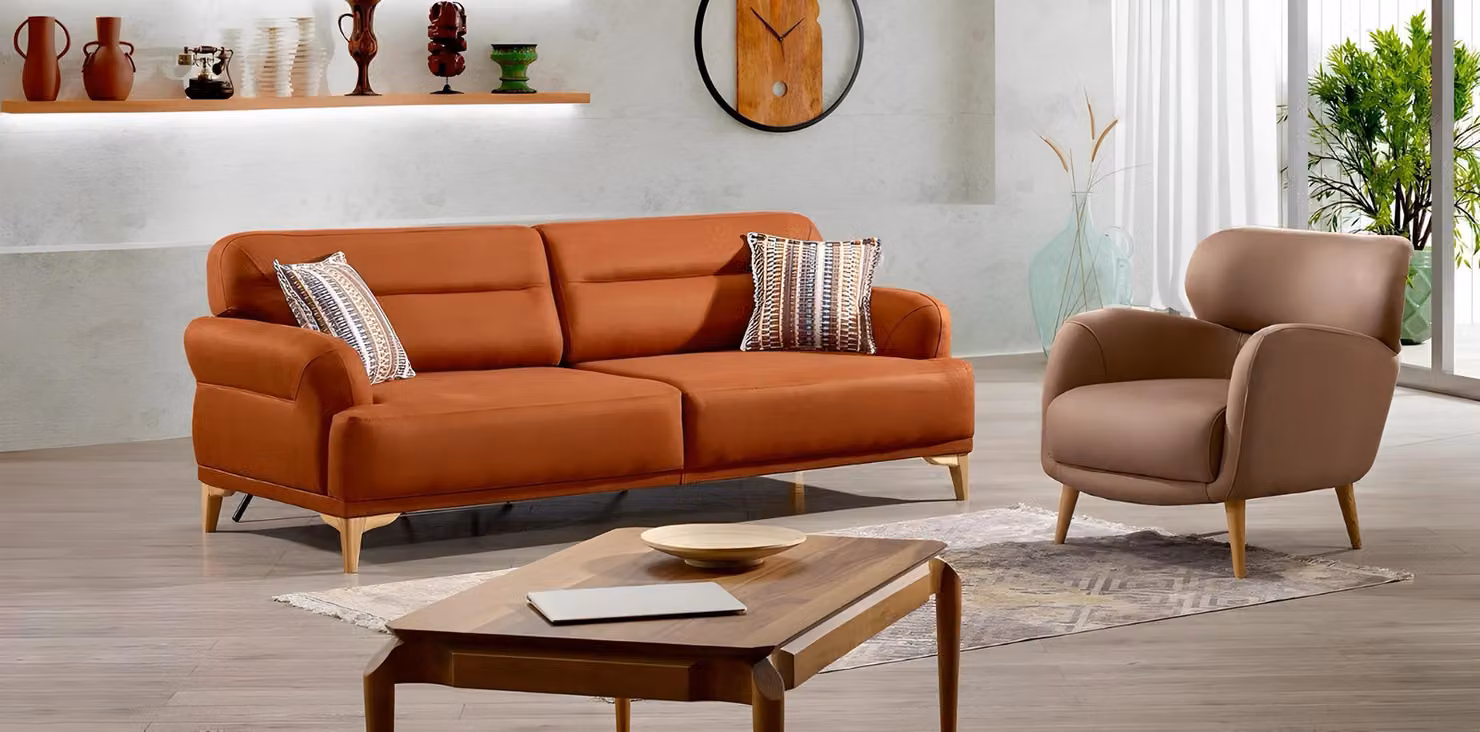 Moderne orange Stoff-Sofagarnitur 3+1 mit Holzrahmen