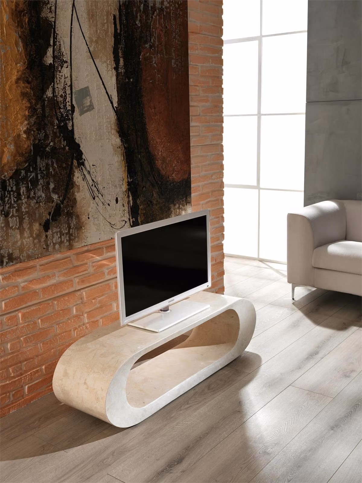 Tavolino Porta TV E-STYLO Aosom in Pietra Fossile e Legno, Design Moderno, L: 130 cm, P: 35 cm, H: 35 cm – 3