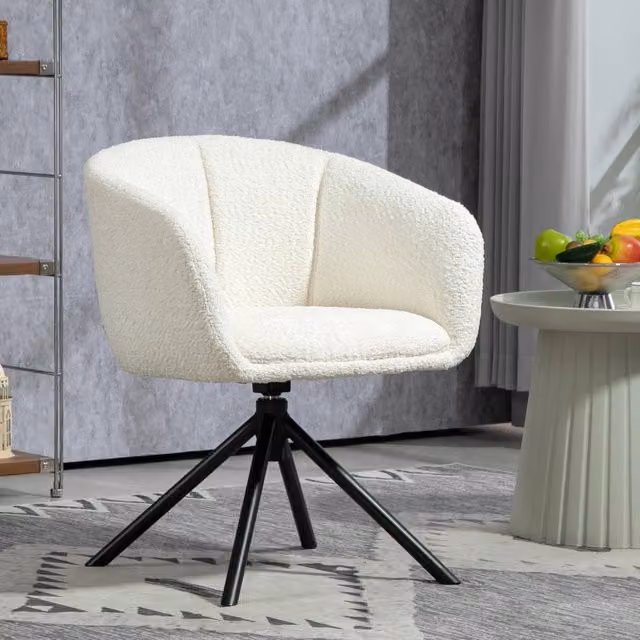 Poltrona lounge girevole WISHDOR con braccioli, rivestimento in tessuto bianco e struttura in metallo, design moderno