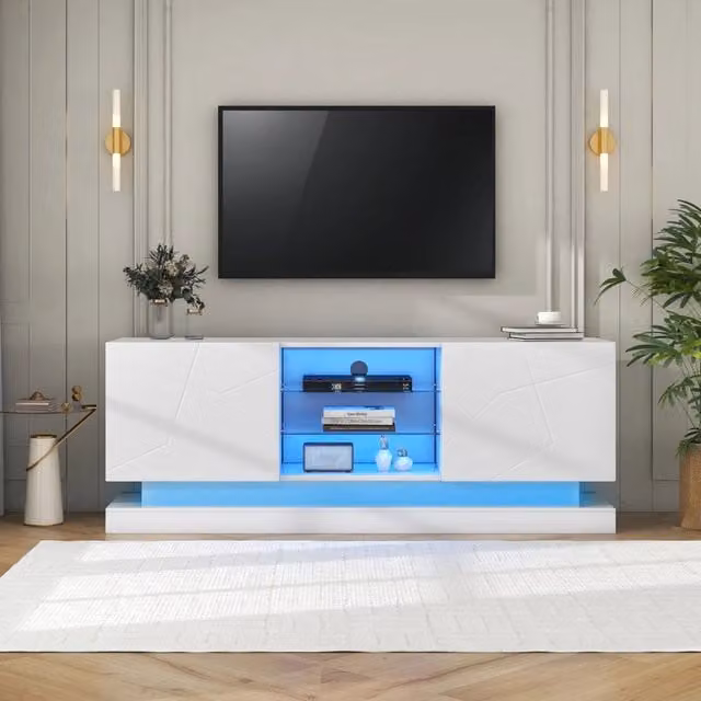 Mobile TV ¨C Minimal ¨C Bianco opaco, 160cm, supporto fino a 70 pollici, ripiano in vetro regolabile