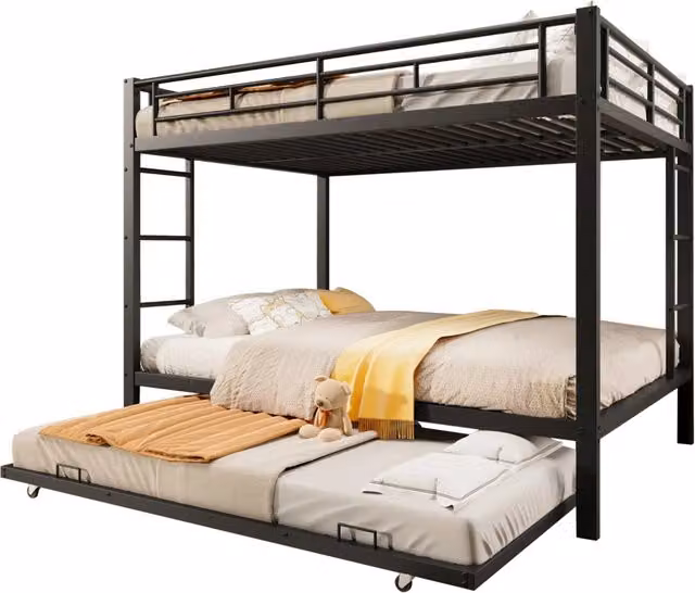 Letto a Castello 140x200 in Metallo Nero con Letto Estraibile e Sponde Alte