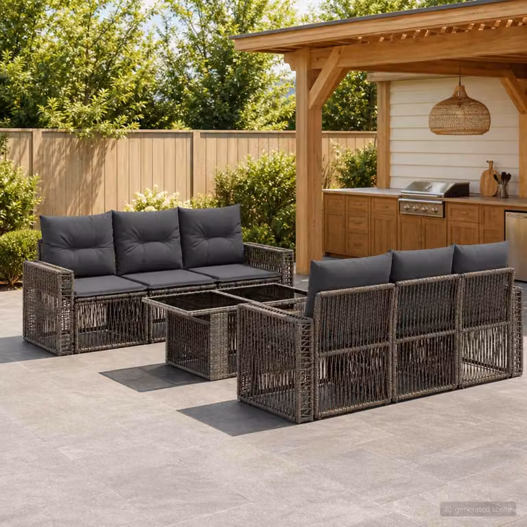Set Divano da Giardino vidaXL 7 pz in Polyrattan Grigio e Grigio Scuro