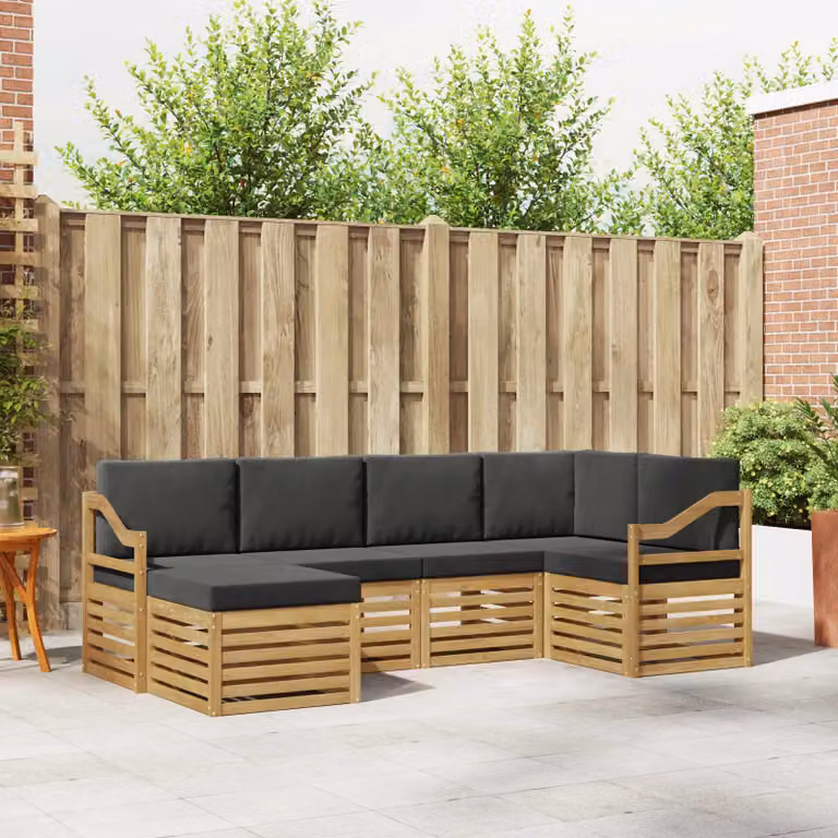 vidaXL Set di divani da esterno a forma di L composto da 6 pezzi in legno di acacia con cuscini, colore bianco e antracite