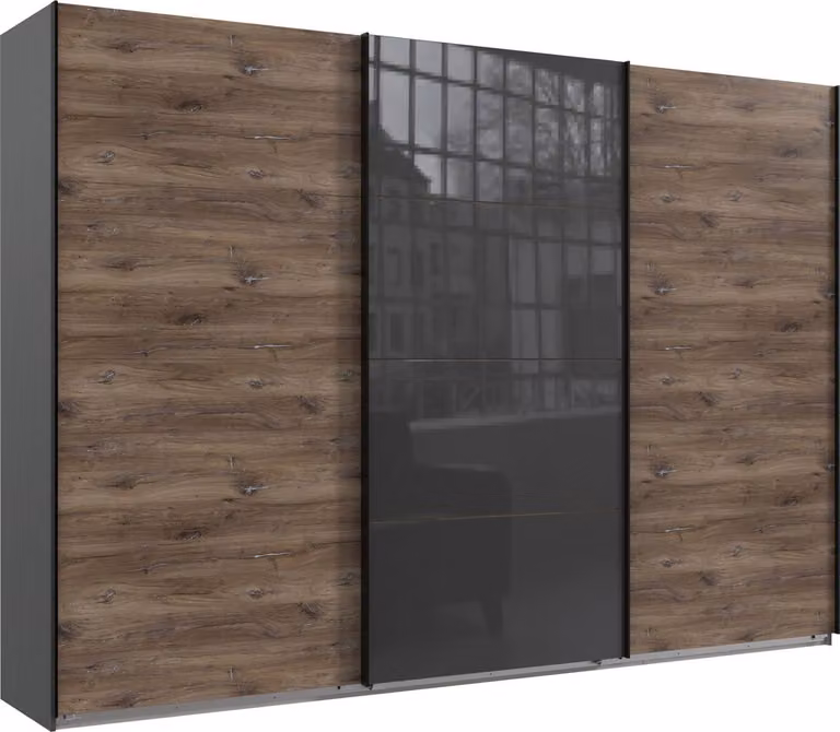 Armadio ad ante scorrevoli Norderstedt 313x64x236cm grafite Flagstaff rovere vetro grigio 18766