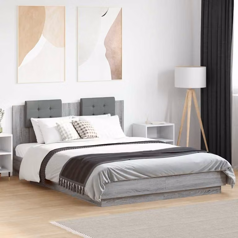 Letto con testiera e illuminazione LED vidaXL, Grigio Sonoma, L: 150 cm, P: 200 cm