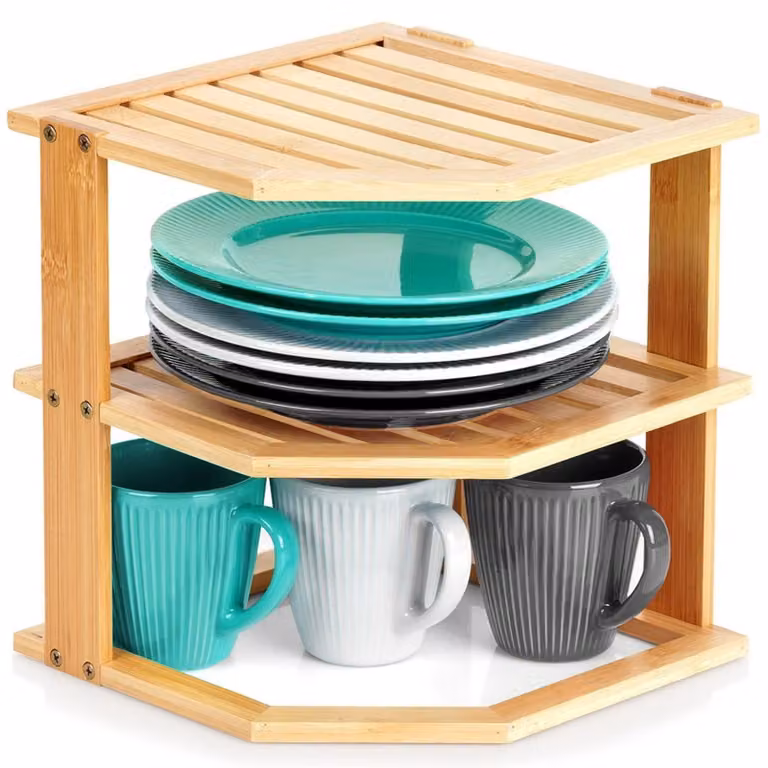 Mensola angolare da cucina in bambù, 3 ripiani, 25x25x27 cm