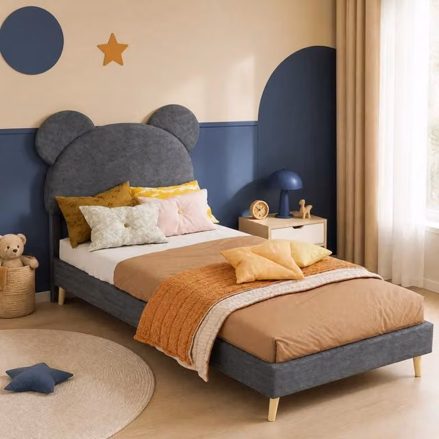Letto contenitore imbottito 90x200 cm con testiera cartoon, grigio, tessuto e metallo