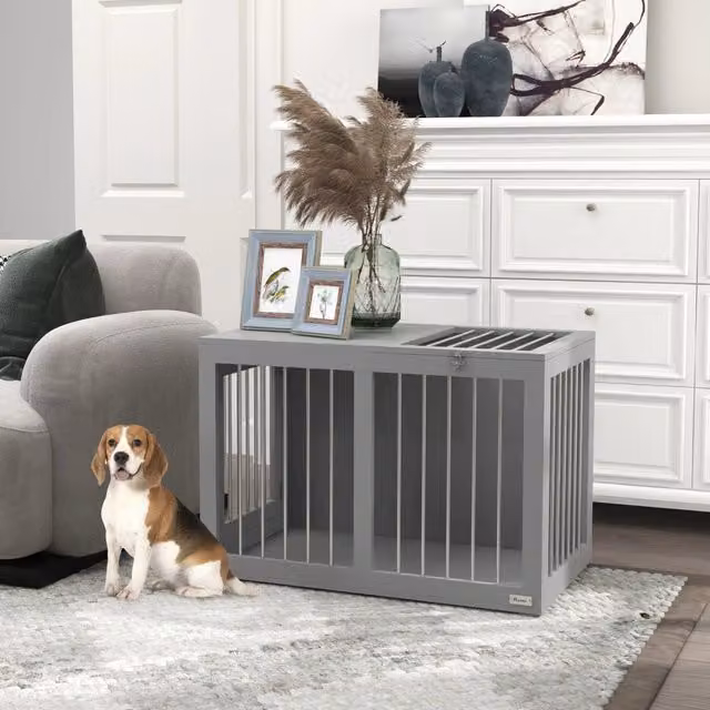 Cuccia per cani OKWISH chiudibile con due porte e fondo rialzato, in MDF e metallo, grigio, L: 80 cm, P: 50 cm, H: 56,5 cm