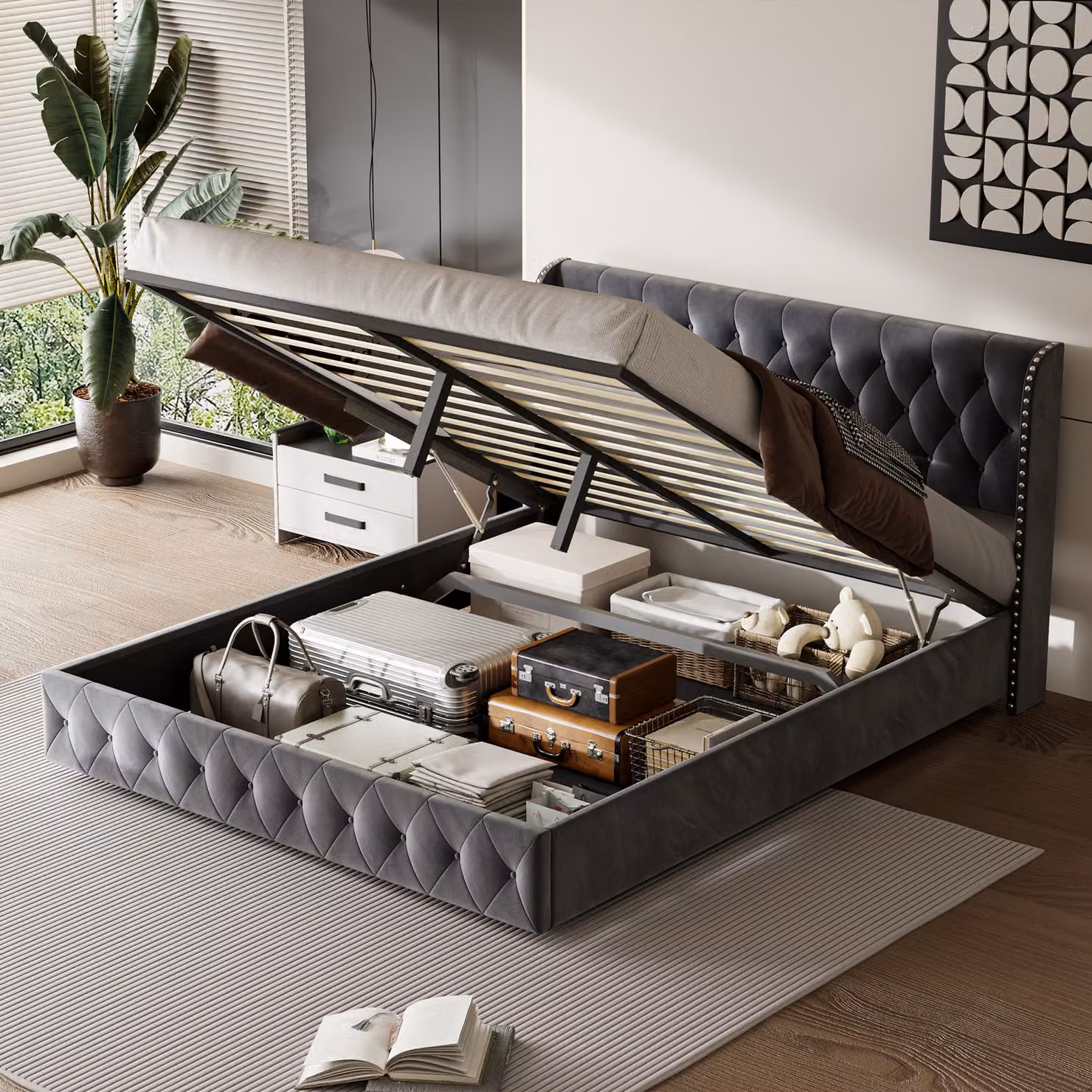 CDGlobal letto imbottito letto contenitore letto matrimoniale idraulico 180x200cm, letto con ampio spazio di archiviazione, struttura in metallo a doghe, rete a molle insacchettate (grigio, 180x200cm)