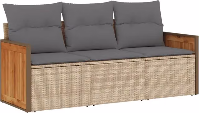 Set Divano da Giardino 3 pz | Set Salotto da Giardino con Cuscini Beige in Polyrattan