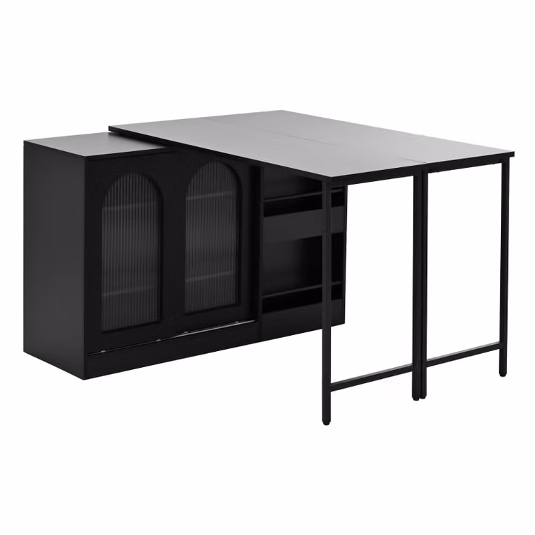 Tavolino da bar, allungabile, girevole a 360°, con vano portaoggetti, tavolino da bar reversibile con ante in vetro, tavolino da bar per cucina o angolo caffè, nero, nero, MDF