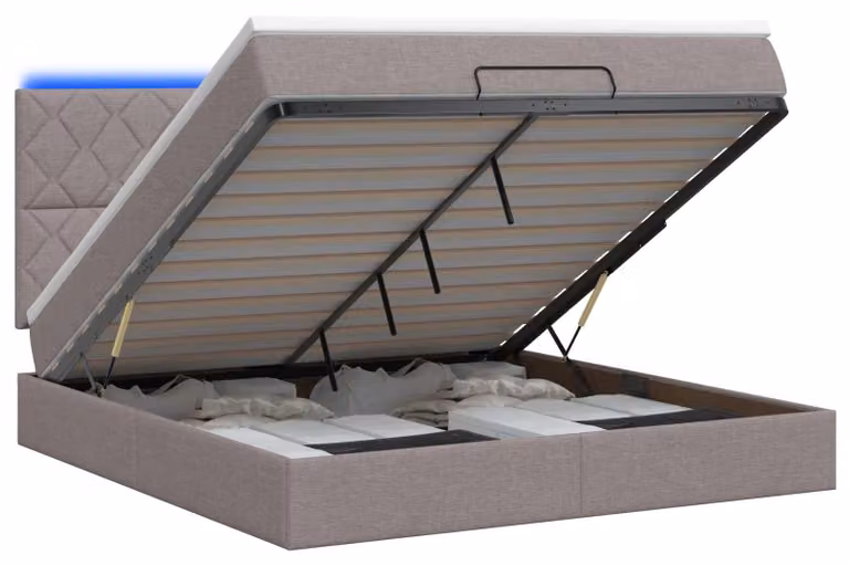 Pouf contenitore con materasso e illuminazione LED, color tortora, 180 x 200 cm, rivestito in tessuto