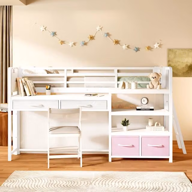 Letto a soppalco 90 x 200 cm con scrivania; scaffali e cassetti in tessuto; metallo bianco per cameretta
