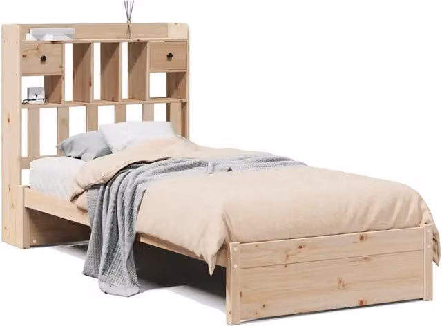Letto singolo per adulti in legno di pino naturale con libreria e scomparti laterali L 190 x P 81 x H 110 cm – 1