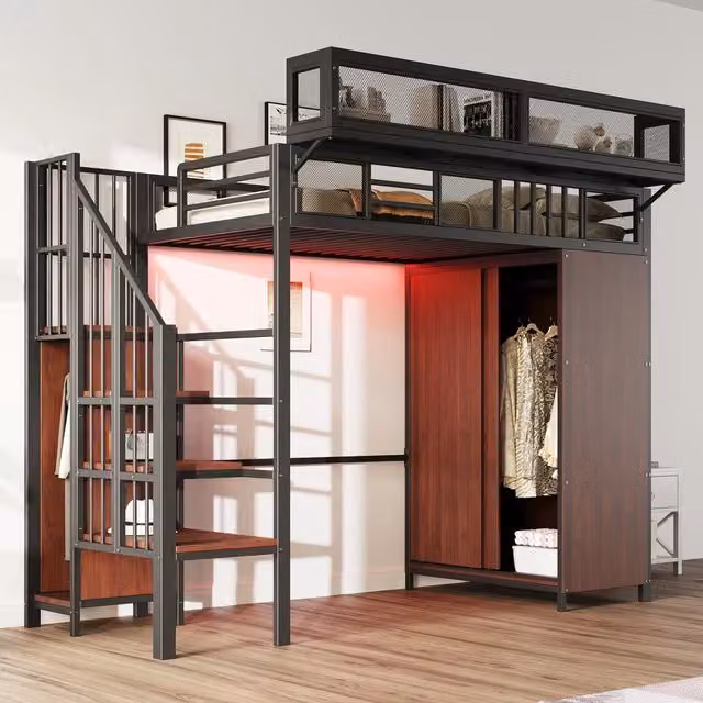 Letto a Soppalco con Armadio e LED ¨C Xylo ¨C Metallo Nero 90x200 cm