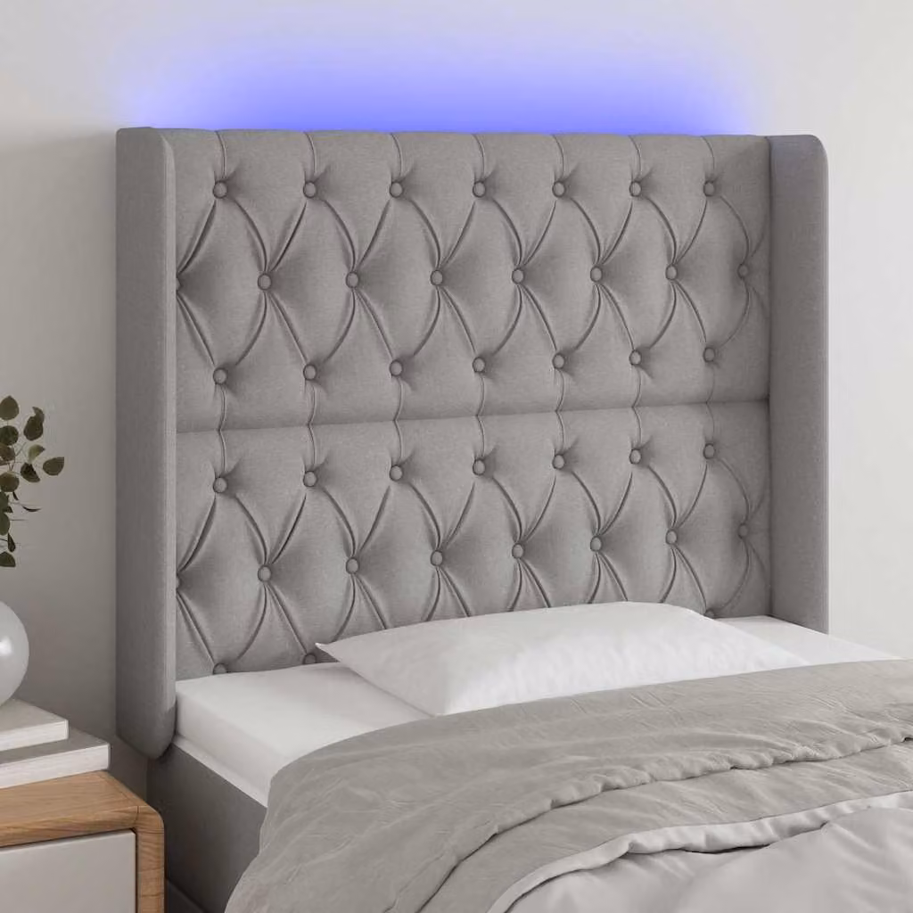 Testiera con LED e porta USB vidaXL in tessuto grigio, L 93 cm, P 16 cm, H 118-128 cm