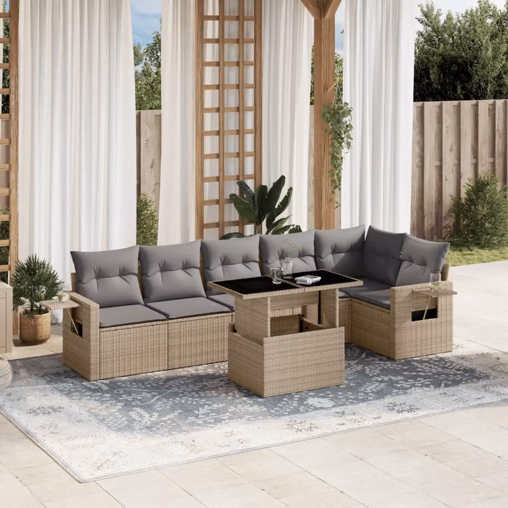 vidaXL Set Divani da Giardino 7 pz in Polyrattan con Cuscini Beige e Tavolino da Esterno – 1