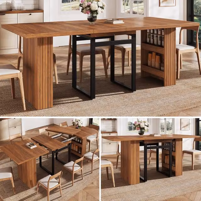 Tavolo da pranzo allungabile ¨C Minimal ¨C Effetto legno marrone, gambe in metallo, per 6 persone, salvaspazio per cucina