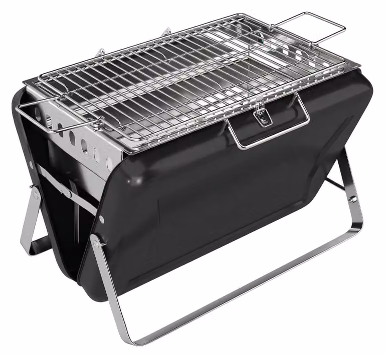 Griglia per barbecue e affumicatura a carbone con gambe pieghevoli | Colore: nero | Dimensioni: 28x40x25,5 cm