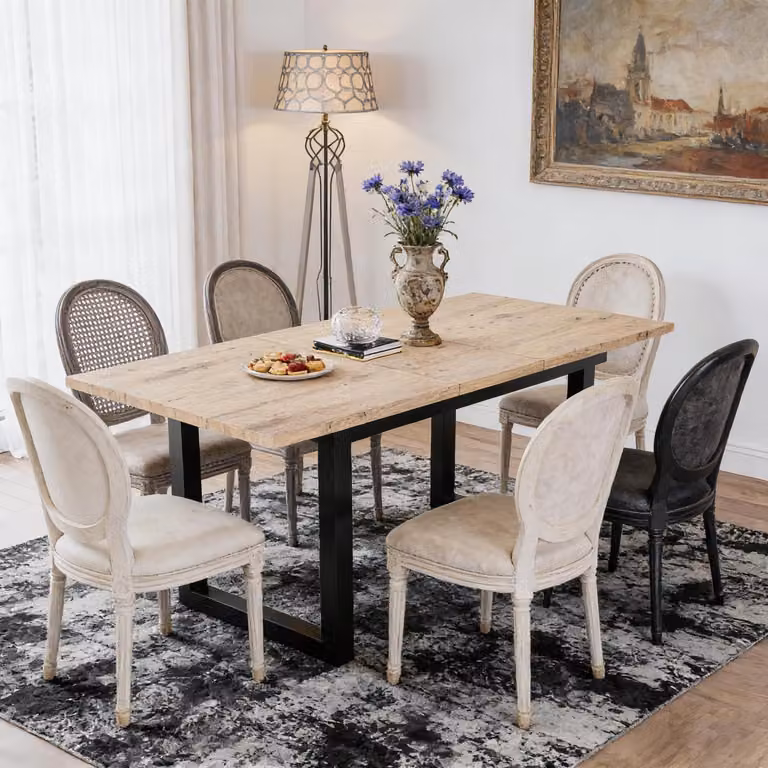 Tavolo da pranzo allungabile, dimensioni 140/180x80x75 cm, finitura effetto legno di quercia, struttura in metallo nero, forma rettangolare
