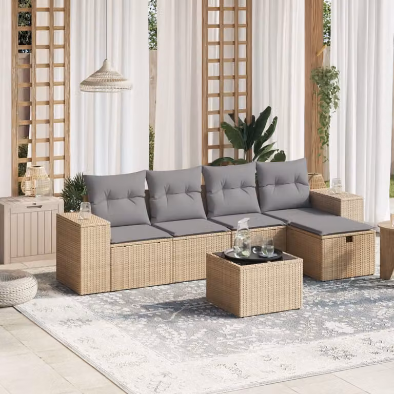 vidaXL Set Divano da Giardino 6 pz a Forma a L con Cuscini Beige e Grigio in Polyrattan e Acciaio