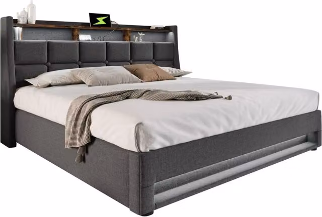 Letto 160x200 cm in tessuto beige con LED， USB Type-C e vano contenitore， senza materasso