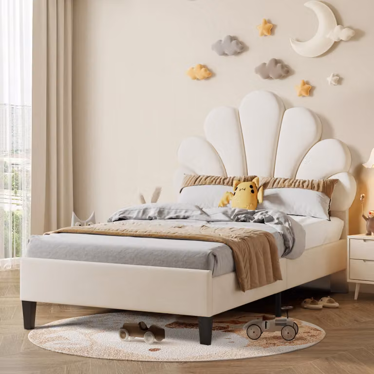 Letto singolo imbottito Fortuna-Lai 90 x 200 cm - con testata a forma di fiore, rete a doghe, velluto - per adulti e bambini - Beige