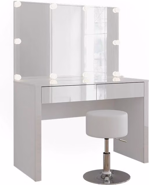 Tavolo da toilette Annabelle Bianco lucido/Bianco 110 cm con specchio, catena luminosa LED e sgabello Vicco