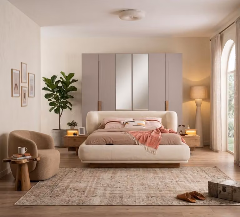 Set per camera da letto: 2 comodini, struttura del letto, armadio, design moderno