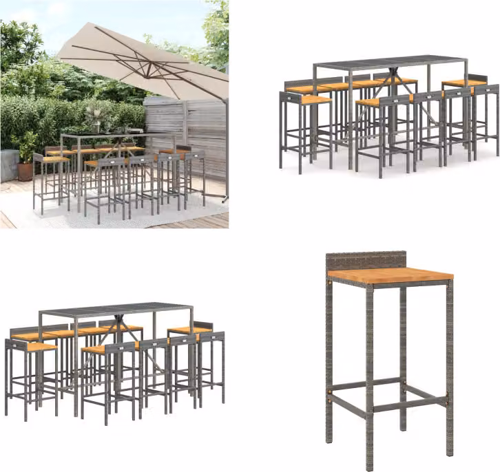 vidaXL Set bar da giardino 11 pezzi in poly rattan grigio e legno massiccio di acacia - Set bar da giardino - Set bar da giardino - Set bar da giardino - Bar da giardino