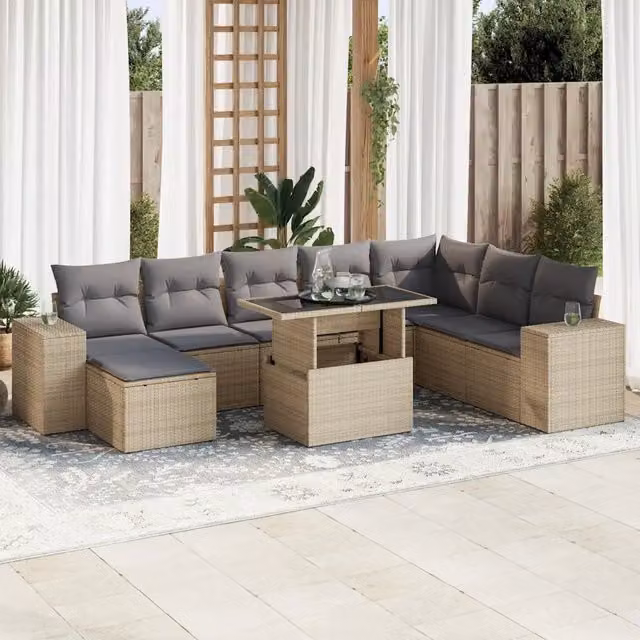 Set Divano da Giardino 9 pz con Cuscini Beige in Polyrattan 3326850
