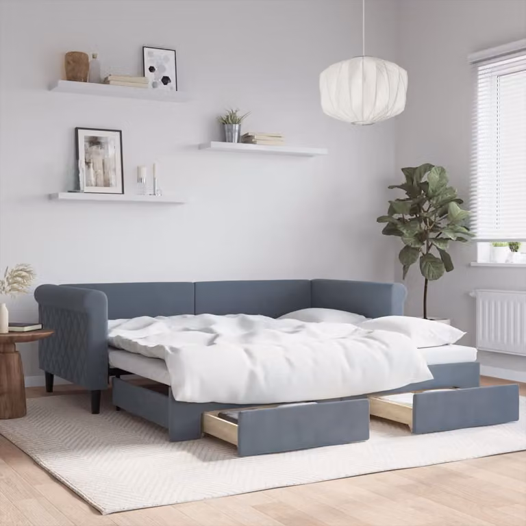 Divano Letto Estraibile con Cassetti vidaXL in Velluto Grigio L/P/H: 90 x 190 cm