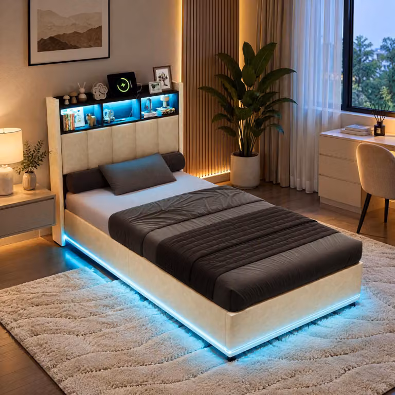 Letto imbottito INONEFT 90x200 cm con USB, letto singolo per ragazzi con rete a doghe, letto contenitore con LED, letto box con sistema idraulico, letto per bambini, in velluto, color beige