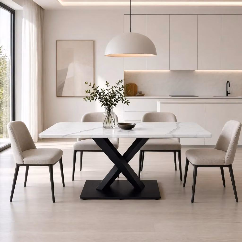 Tavolo da pranzo rettangolare OKWISH in MDF e metallo per 6 persone, stile rustico farmhouse, bianco e nero, L: 160 cm, P: 80 cm, H: 75 cm – 2