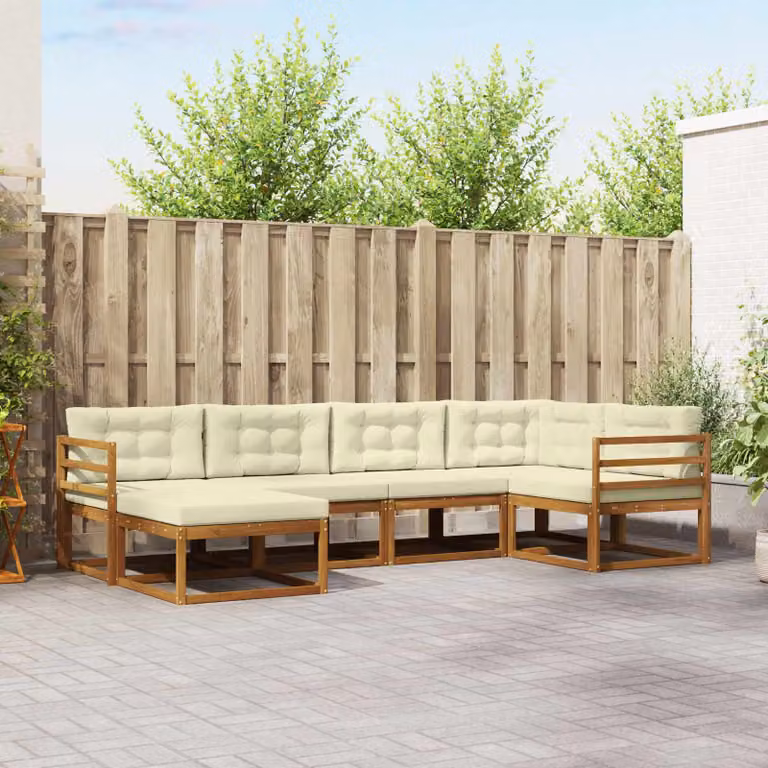 Set di divani da esterno vidaXL a forma di L composto da 6 pezzi in legno di acacia con cuscini beige e bianchi per giardino e terrazza