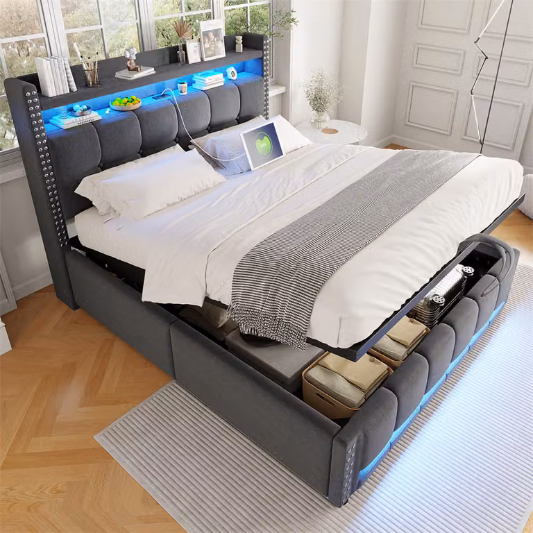 Letto imbottito Sweiko 160*200cm, testata con ripiani e spazio di archiviazione, con sistema idraulico per l'archiviazione, letto matrimoniale per adulti, grigio