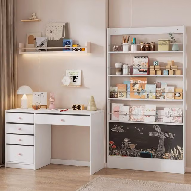 Set scrivania 120x45 cm e libreria 100x10 cm bianco in MDF con lavagna