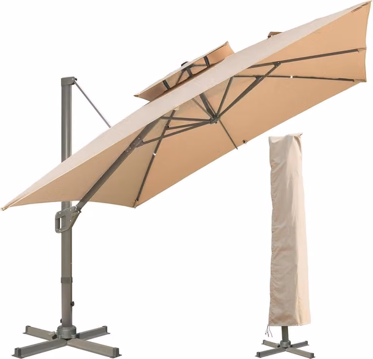 Ombrellone LKINBO 300x300cm con supporto e manovella, inclinabile a 360°, antivento, impermeabile, kaki