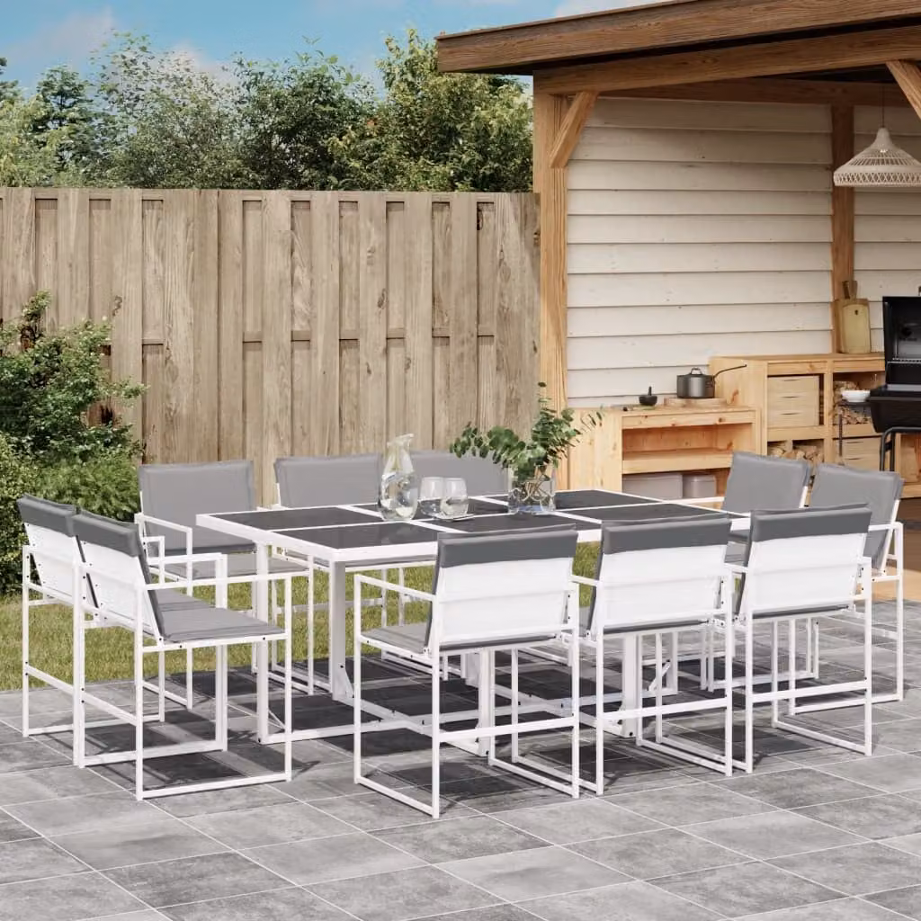 Set da pranzo da giardino vidaXL in metallo e vetro con 11 pezzi, bianco e grigio – 1