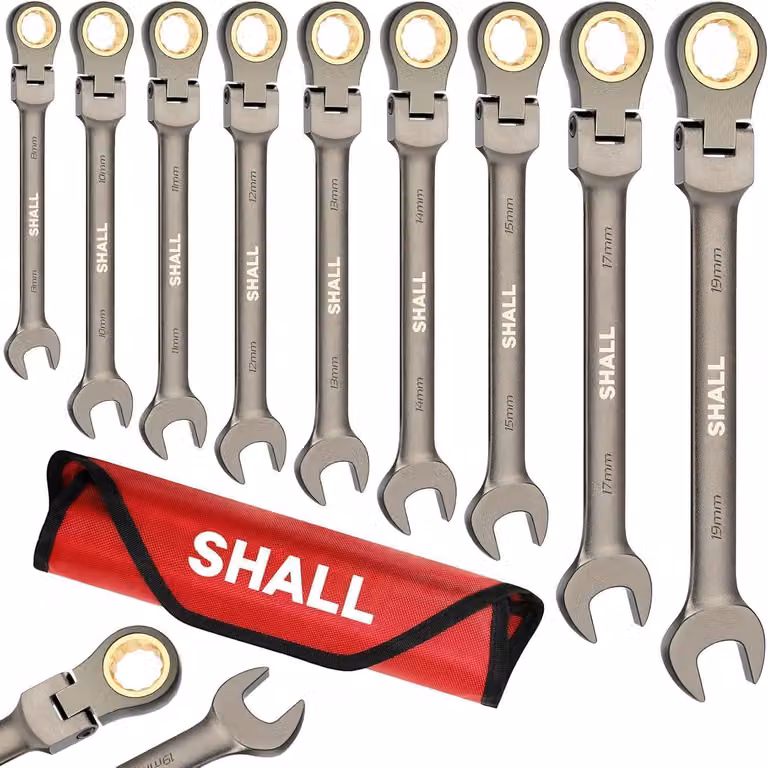 Set di chiavi a ralla a 9 pezzi con testa flessibile, 72 denti, da 8 a 19 mm, in acciaio Cr-V, cromate, con custodia