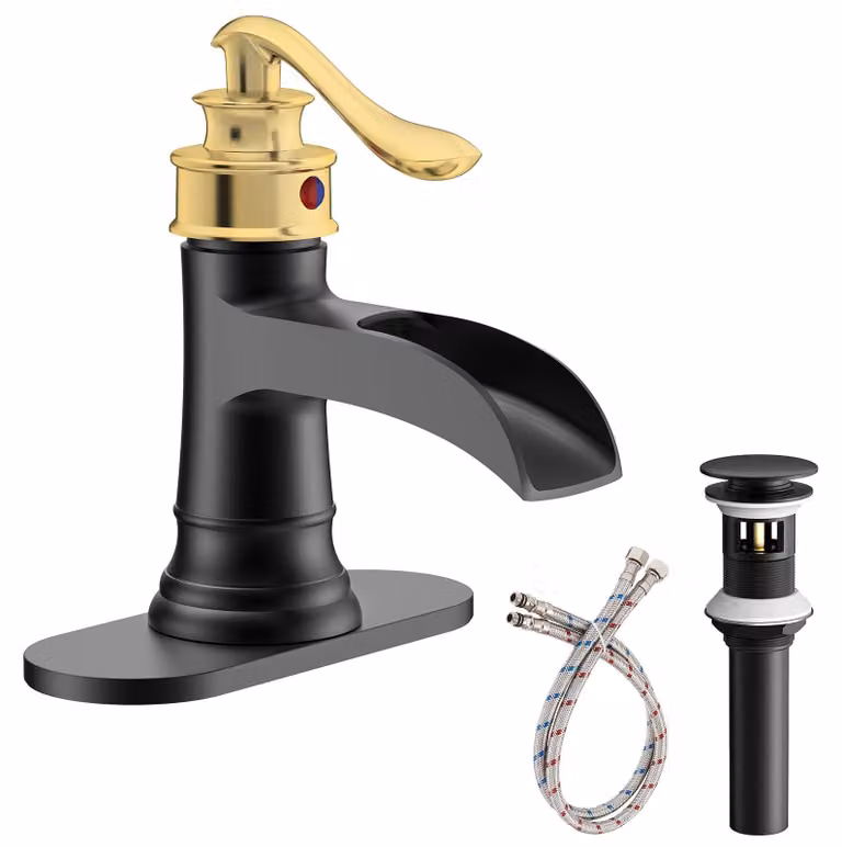 Rubinetto per lavabo a cascata, nero e oro, in stile rustico