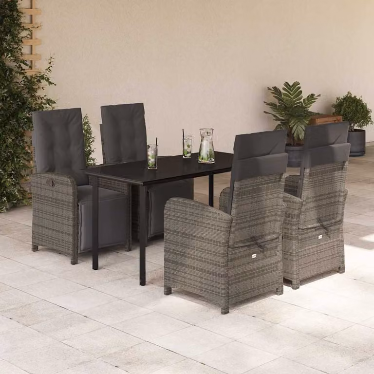 Set da Pranzo da Giardino vidaXL 5 pz in Polyrattan Grigio e Nero con Piano in Vetro