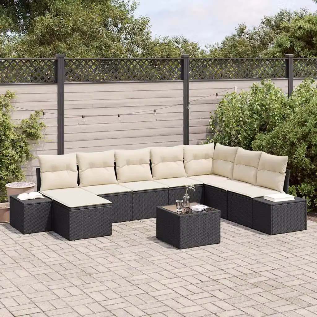 Set Divano da Giardino Moderno vidaXL in Polyrattan Nero con Cuscini e Tavolino da 9 Pezzi – 1