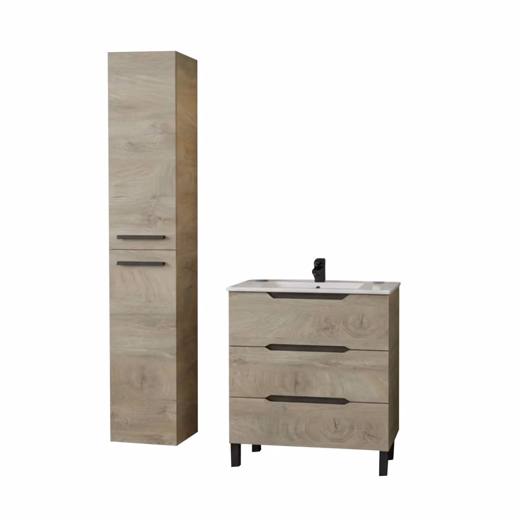 Set Mobili Bagno DMORA Sortino con Mobile Lavabo e Colonna, Marrone Rovere Opaco – 2